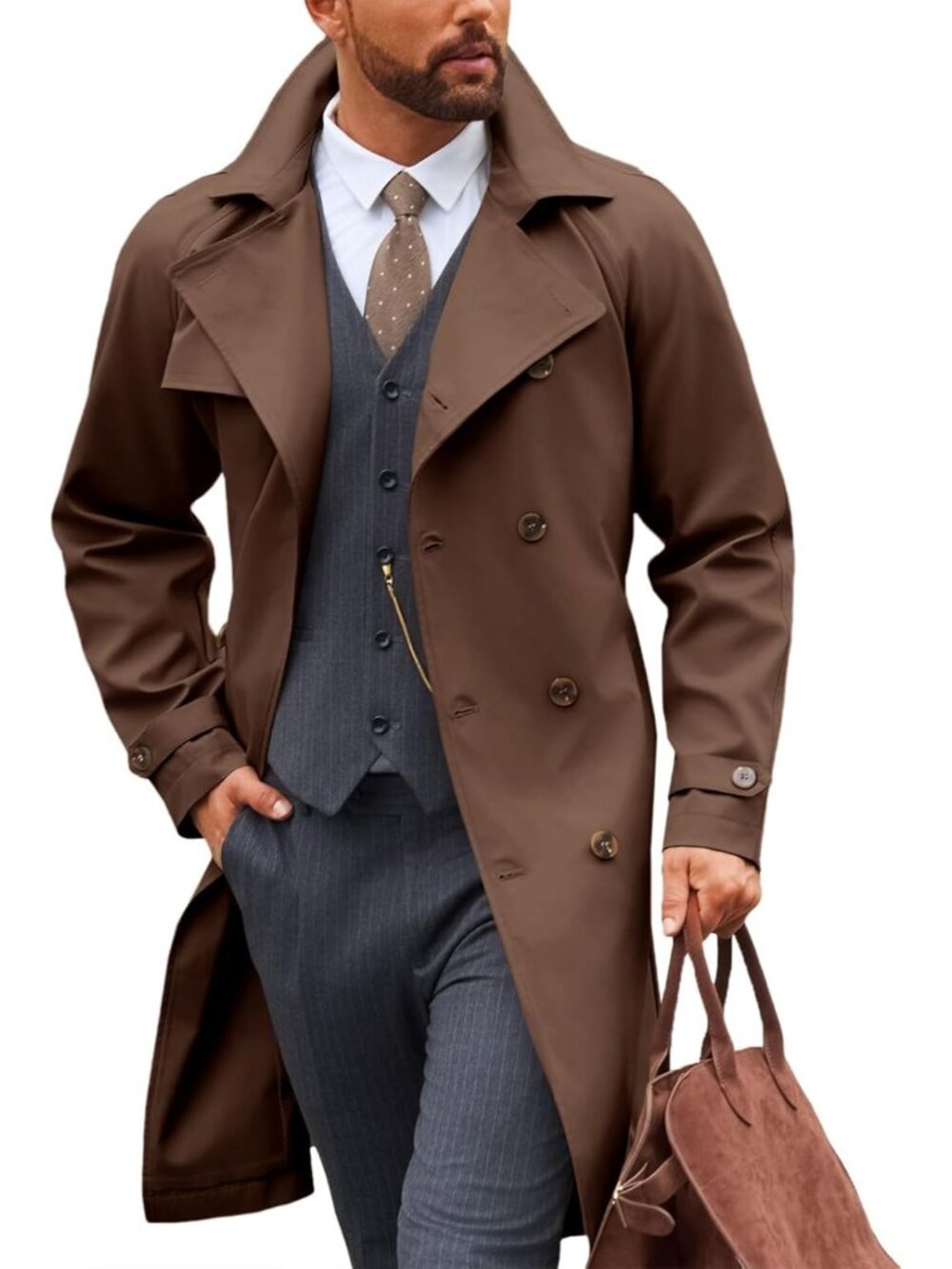 🆕 Mens Brown Trench Coat Double Breasted Notch Lapel Casual Fall Long Overcoat